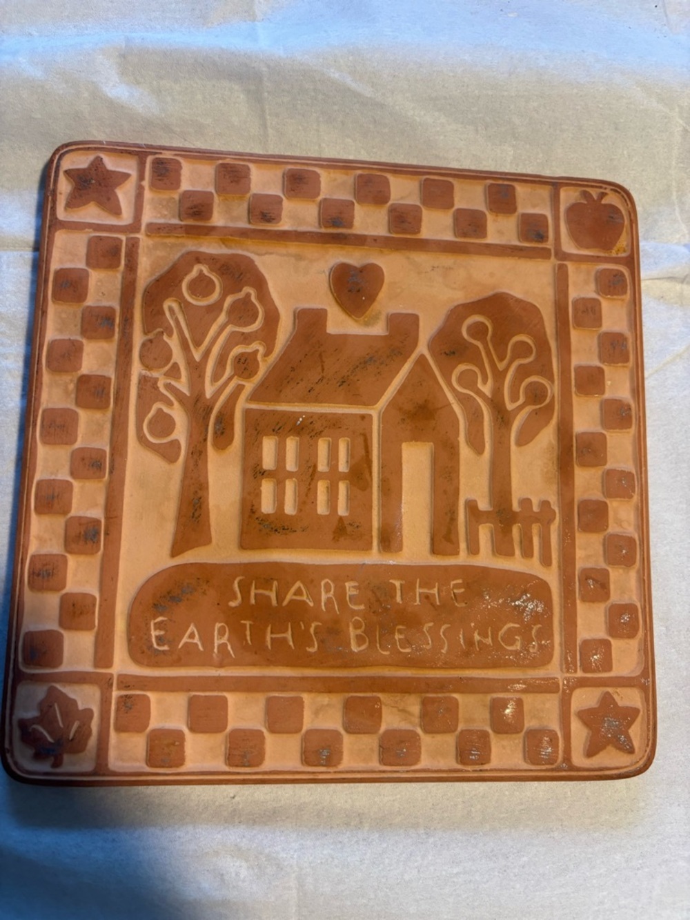 Folk Art Terra Cotta Decorative Hot pad Stone Tile - Earthy Orange
